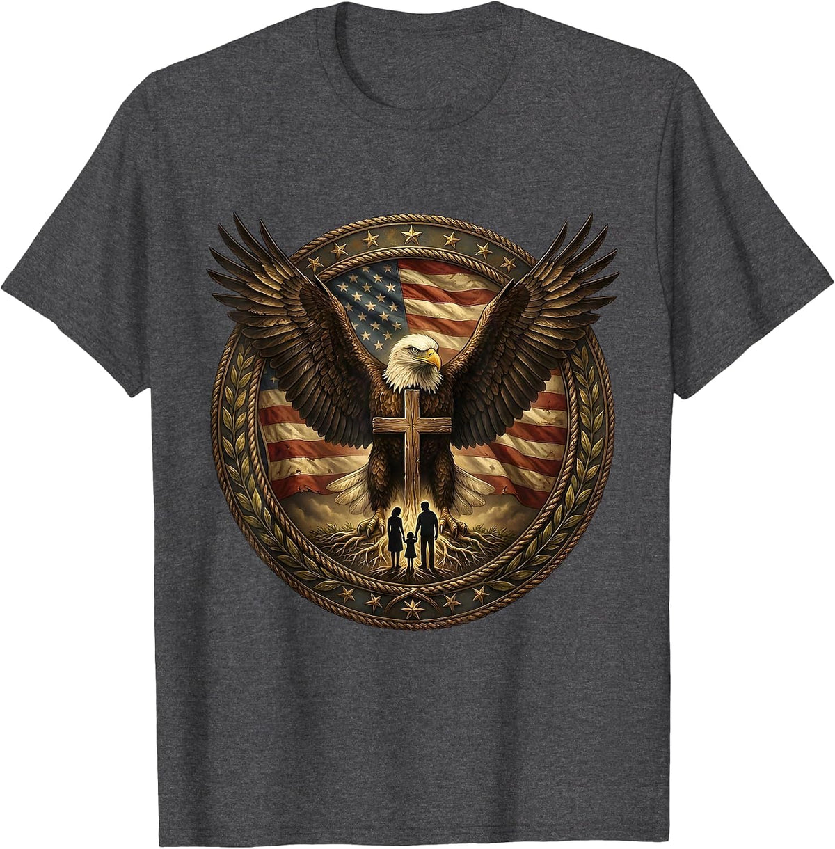 Men's Eagle Sheltering Family God Family Country Design T-Shirt - Dark Heather Grey