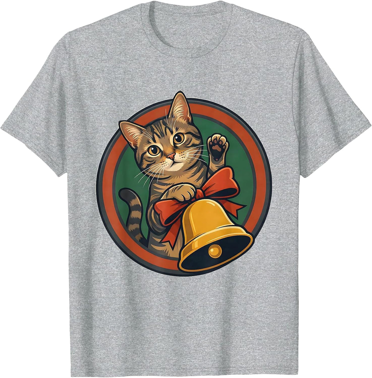 Men's Circular Badge Tabby Cat Hanging Christmas Bell Funny T-Shirt - Heather Grey