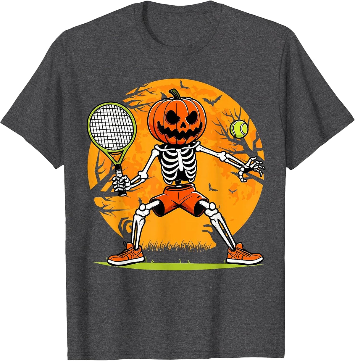 Halloween Tennis Pumpkin Head Skeleton Tennis Halloween T-Shirt - Dark Heather Grey