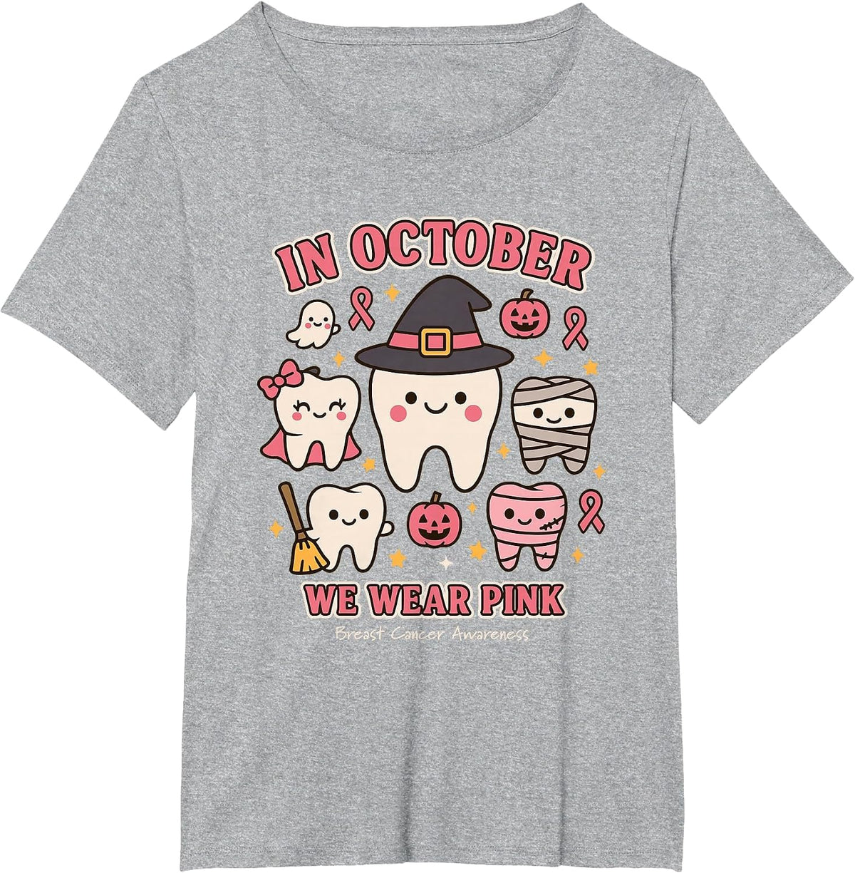 in October We Wear Pink Breast Cancer Awareness Tee T-Shirt for Dental Assistants - Heather Grey