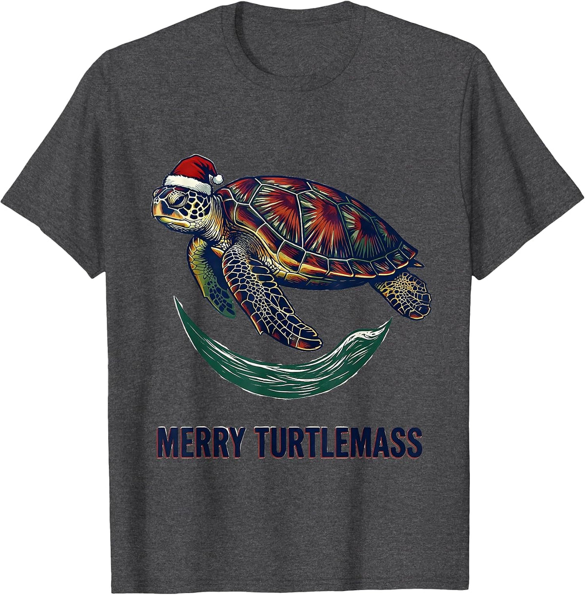 Men's Merry Turtlemass Linocut Sea Turtle Santa Hat Holiday T-Shirt - Dark Heather Grey
