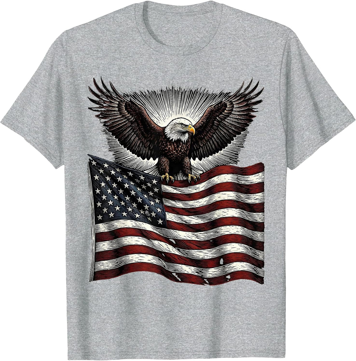 Men's Eagle Soaring Over American Flag Patriotic Design T-Shirt - Heather Grey