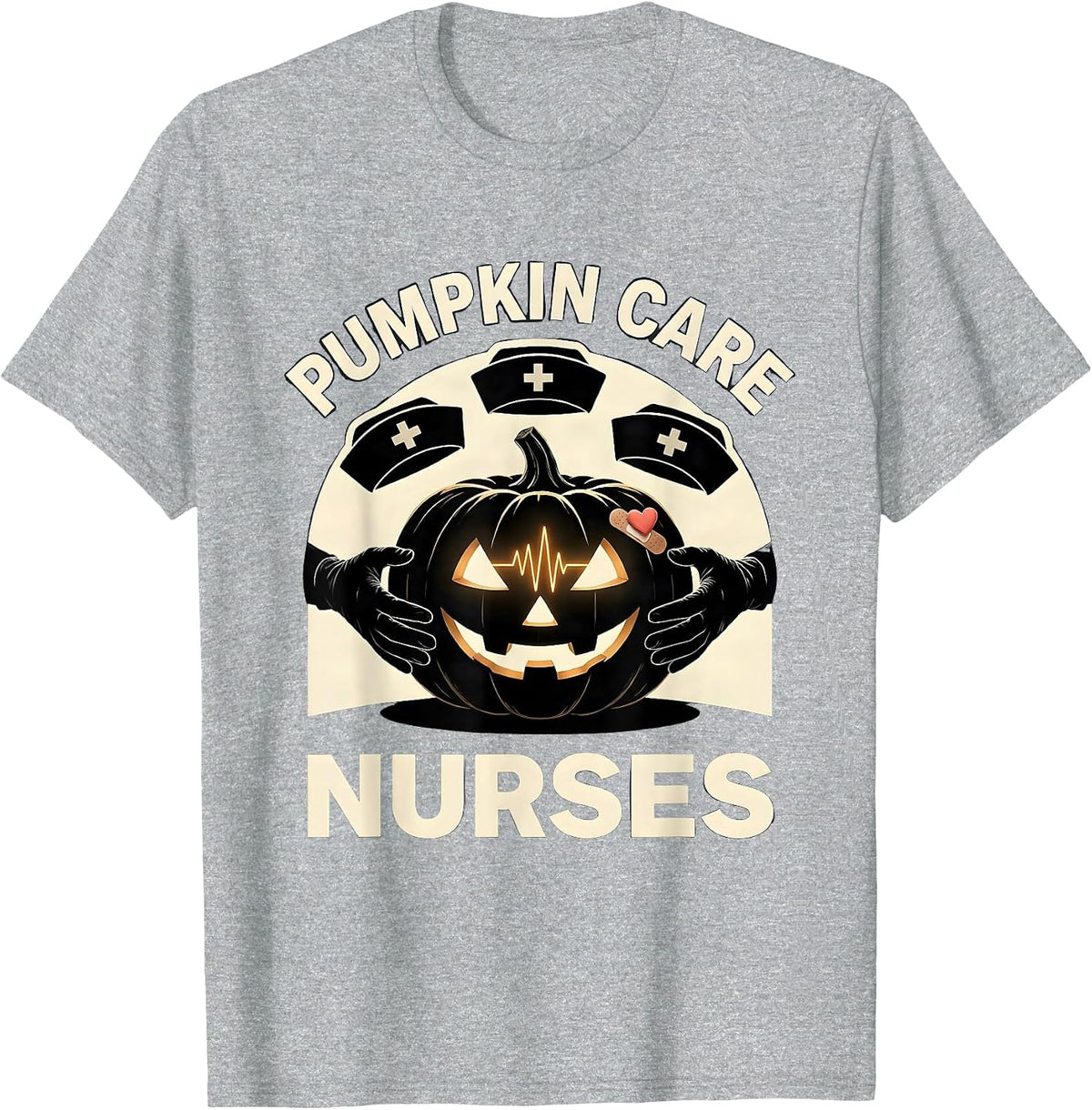 Men's Pumpkin Care Nurses Halloween Nurse Team Shift Humor T-Shirt - Heather Grey