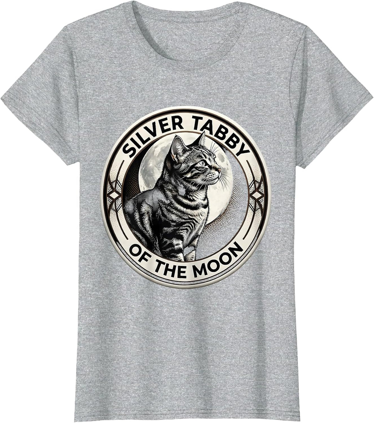Women's Silver Tabby Of The Moon Blackwork Dotwork Cat Lover Humor T-Shirt - Heather Grey
