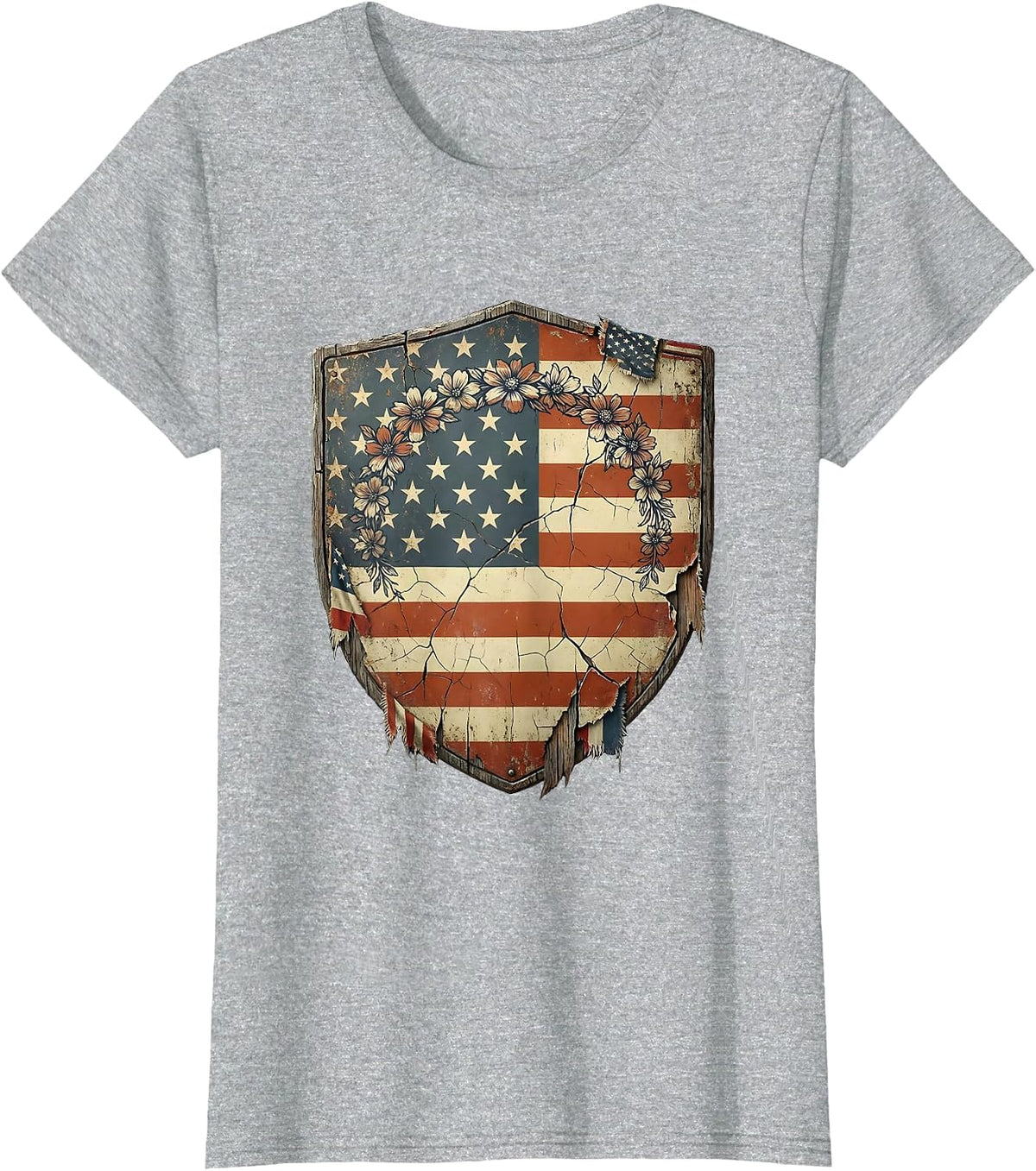 Red White and Blue Flower Crown Girl Design T-Shirt - Heather Grey