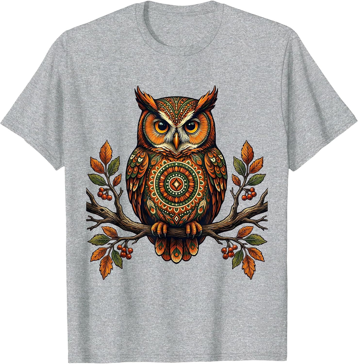 Men's Autumn Owl Perched on Bare Branch Fall Design T-Shirt - Heather Grey