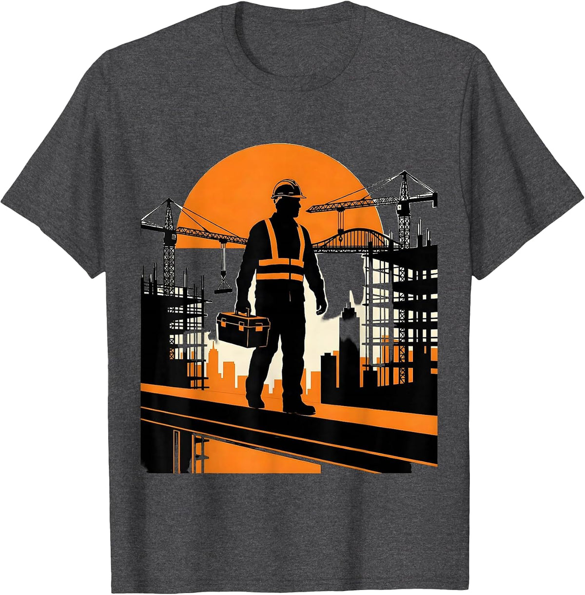 Men's Construction Worker Silhouette Sunset Skyline T-Shirt - Dark Heather Grey