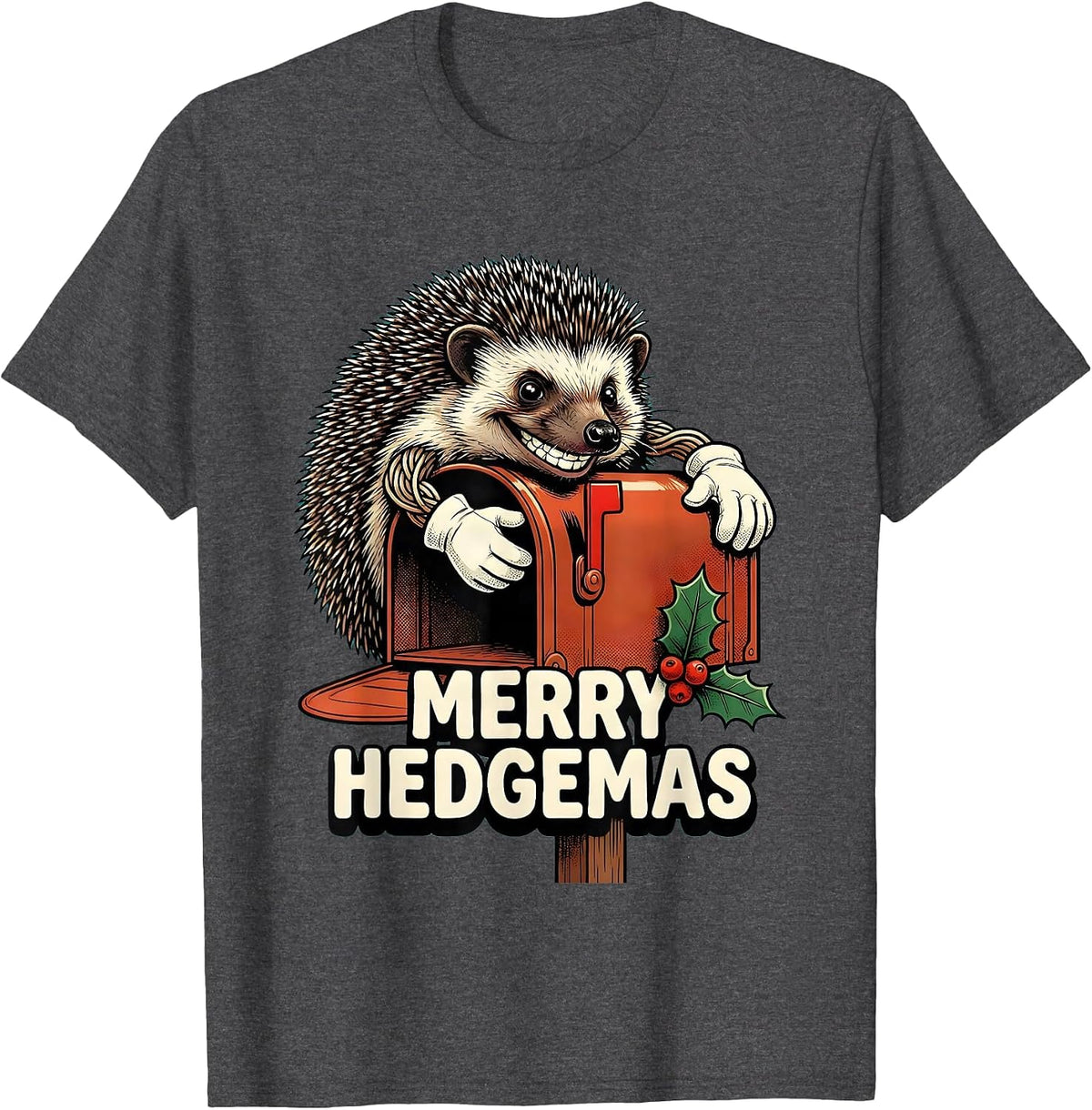 Men's Merry Hedgemas Retro Cartoon Hedgehog Christmas Humor T-Shirt - Dark Heather Grey