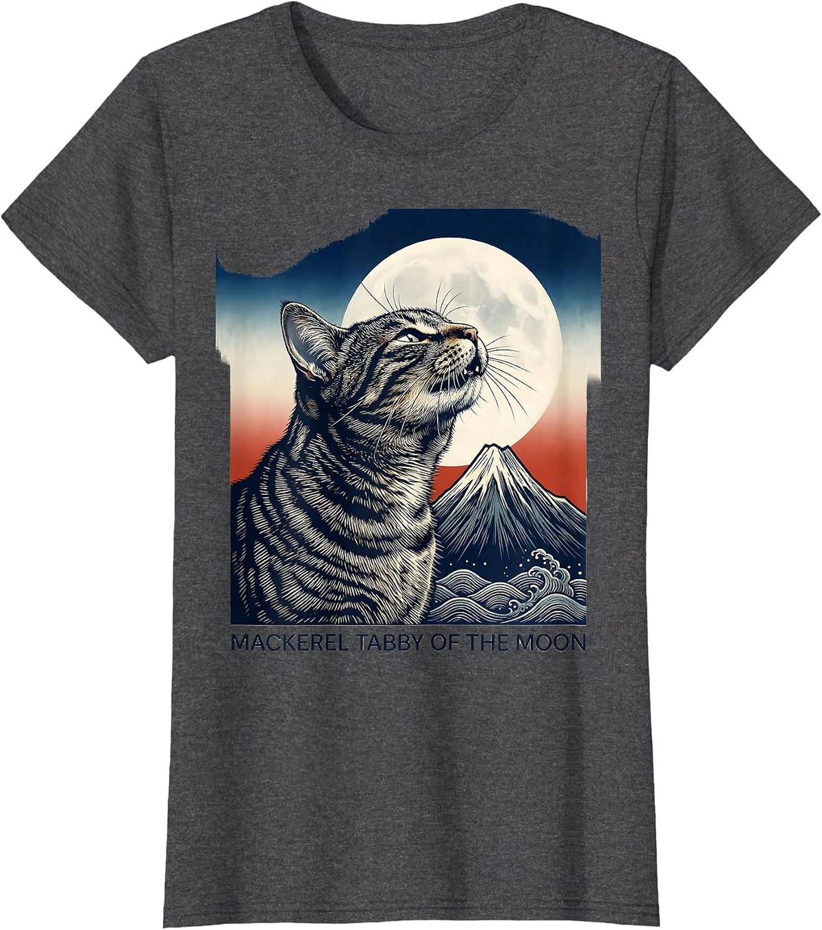 Women's Mackerel Tabby Of The Moon Ukiyo-e Retro Cat Owner T-Shirt - Dark Heather Grey