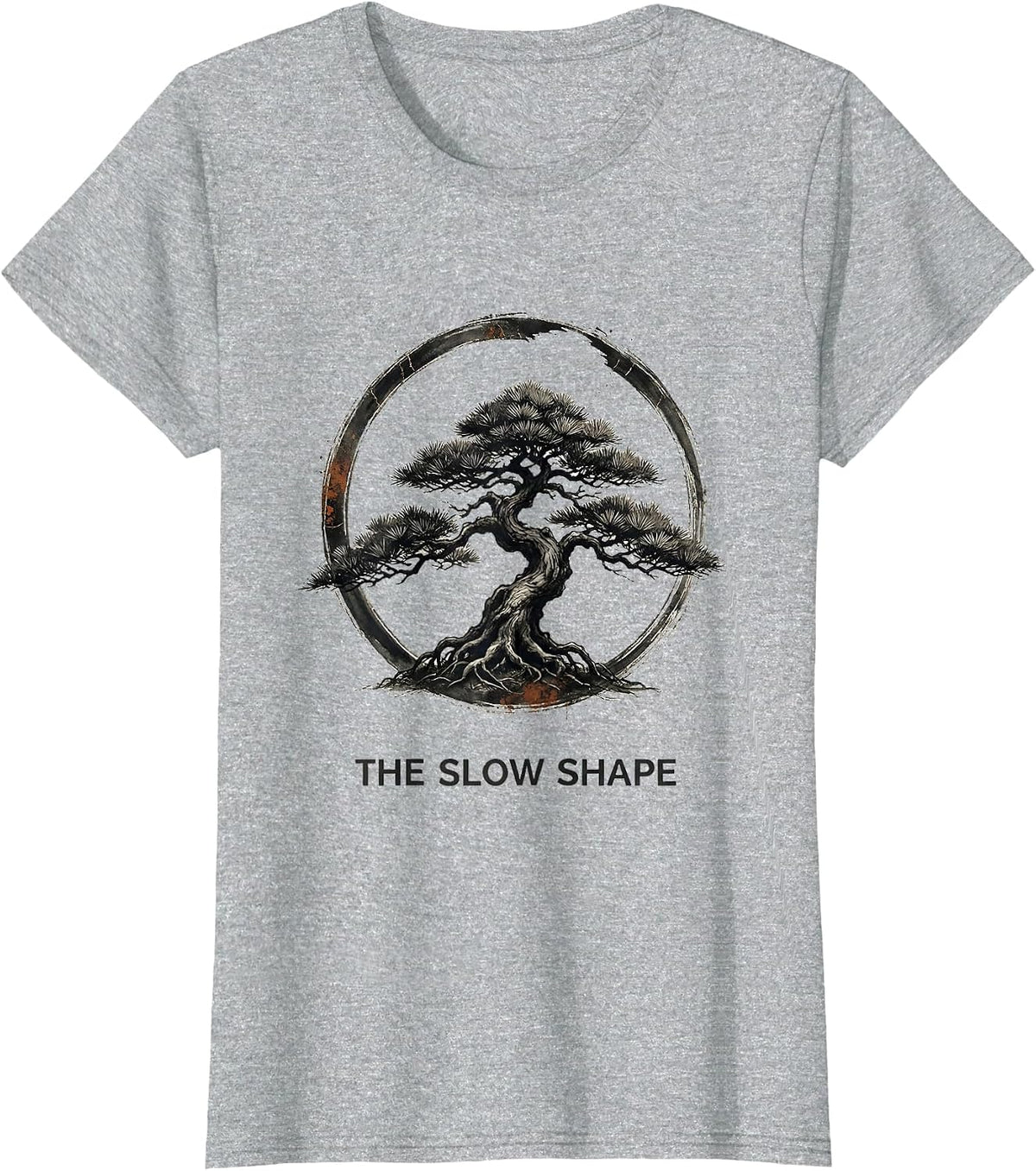 The Slow Shape Distressed Bonsai Tree Zen Enso Gift T-Shirt - Heather Grey