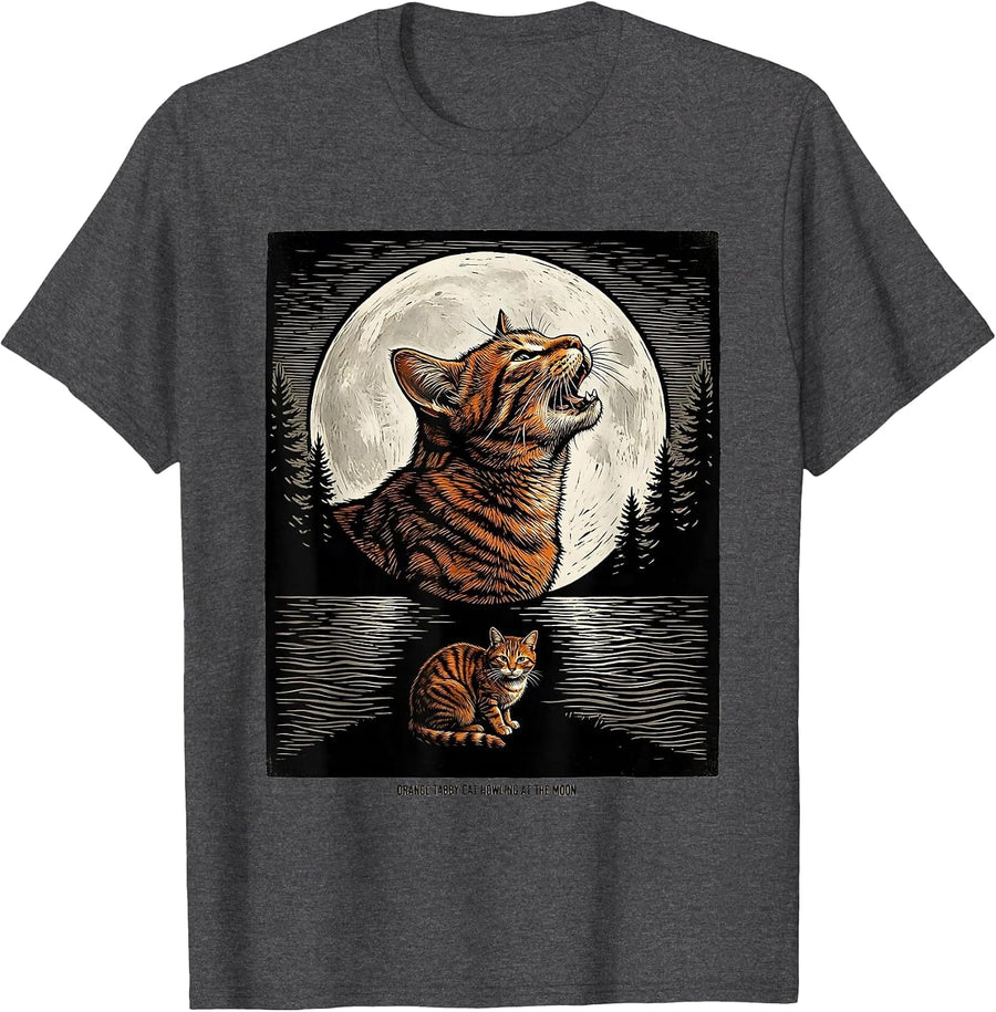 Men's Orange Tabby Cat Howling at the Moon 90's Retro Nature Art T-Shirt - Dark Heather Grey