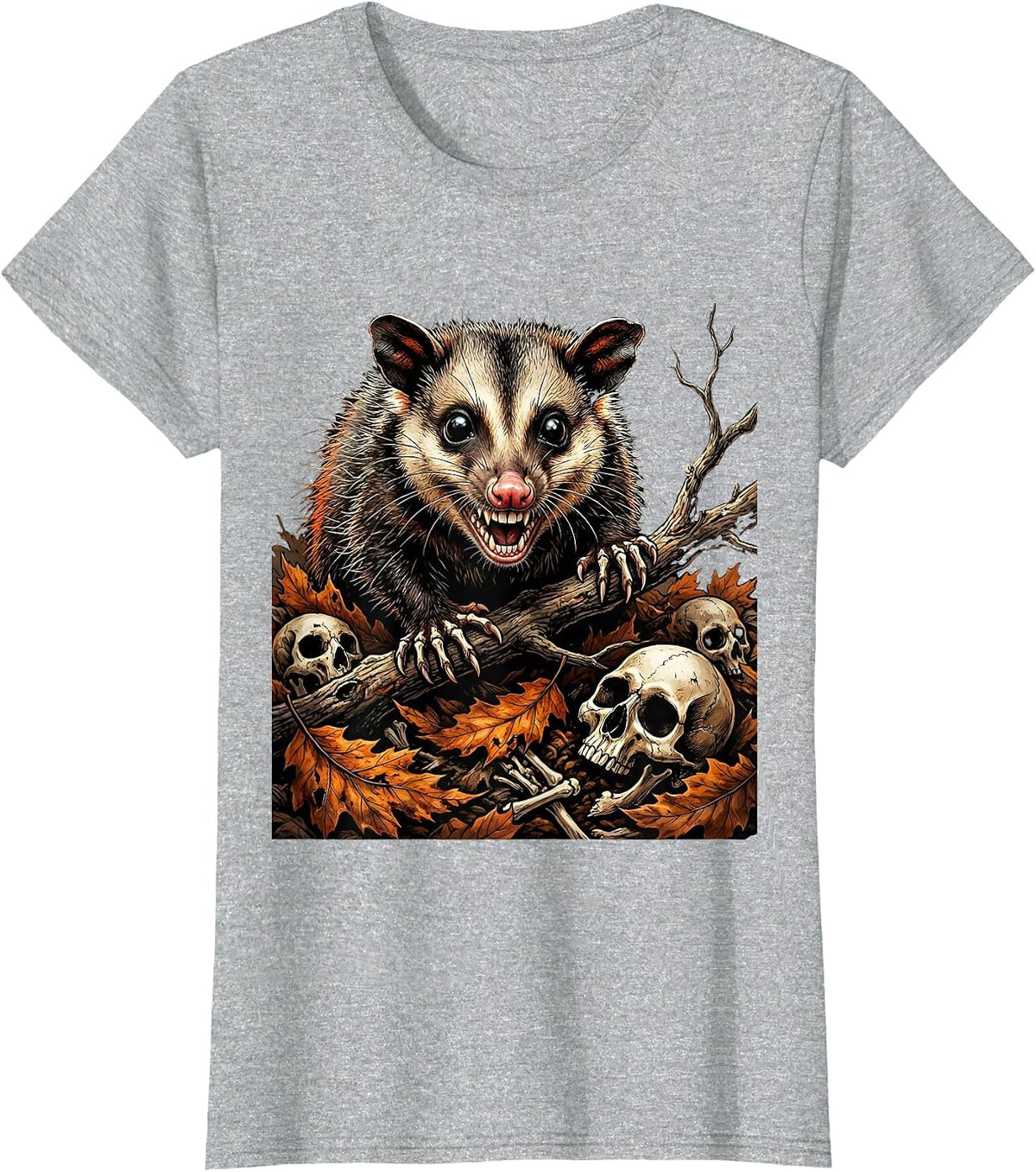 Opossum in Autumn Leaves Fall Nature Design T-Shirt - Heather Grey