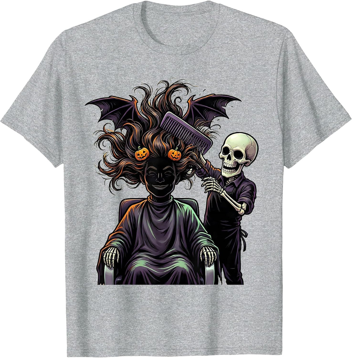 Men's Cartoon Skeleton Hairstylist Halloween Hairdresser Barber T-Shirt - Heather Grey