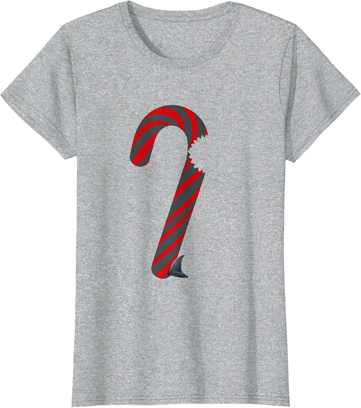 Women's Stripped Candy Cane Shark Minimalist Holiday Humor T-Shirt - Heather Grey
