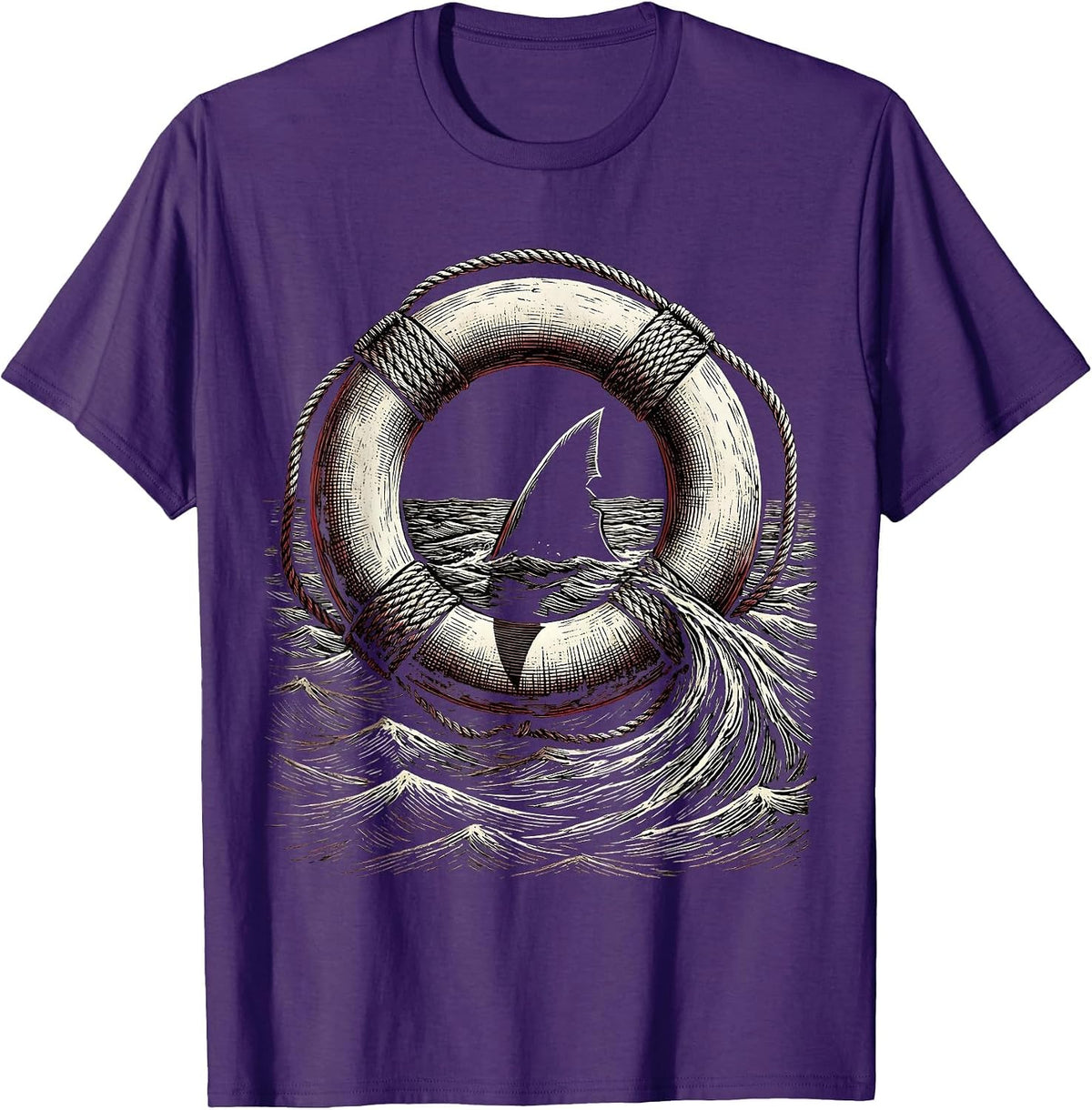 Shark Fin Circling Lifebuoy Cruise Design T-Shirt - Purple