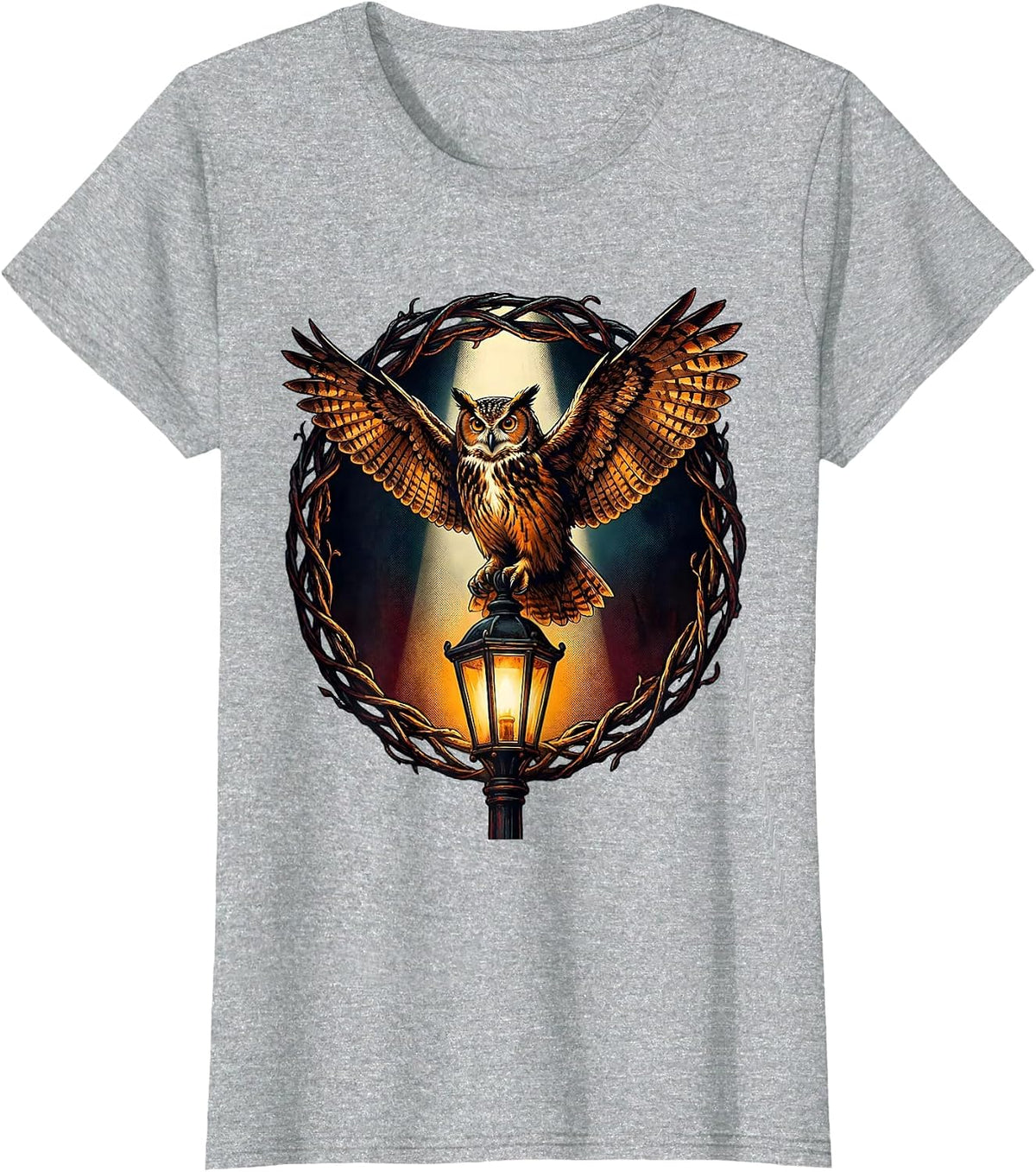 Women's Vintage Halloween Owl on Lantern Post Graphic T-Shirt - Heather Grey