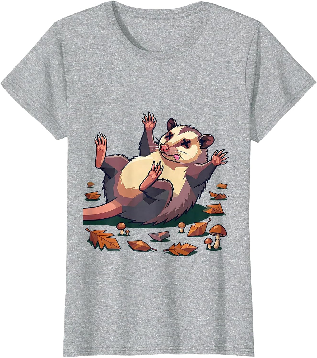 Opossum Playing Dead Forest Floor Illustration T-Shirt - Heather Grey