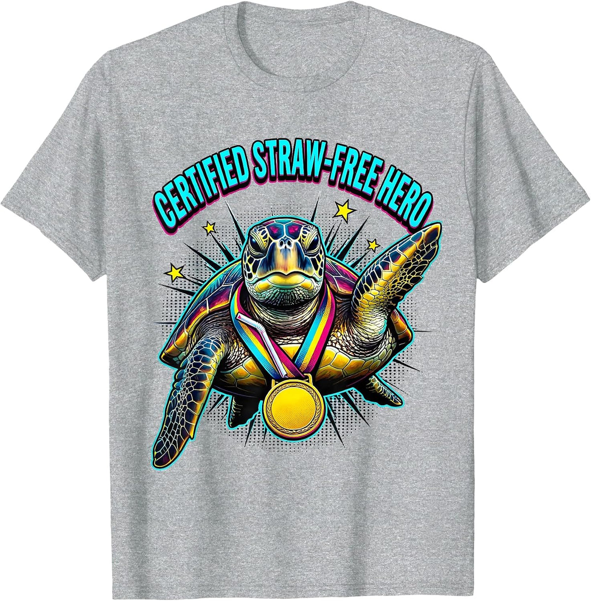 Men's Certified Straw-Free Hero Funny Sea Turtle Plastic Straw T-Shirt - Heather Grey