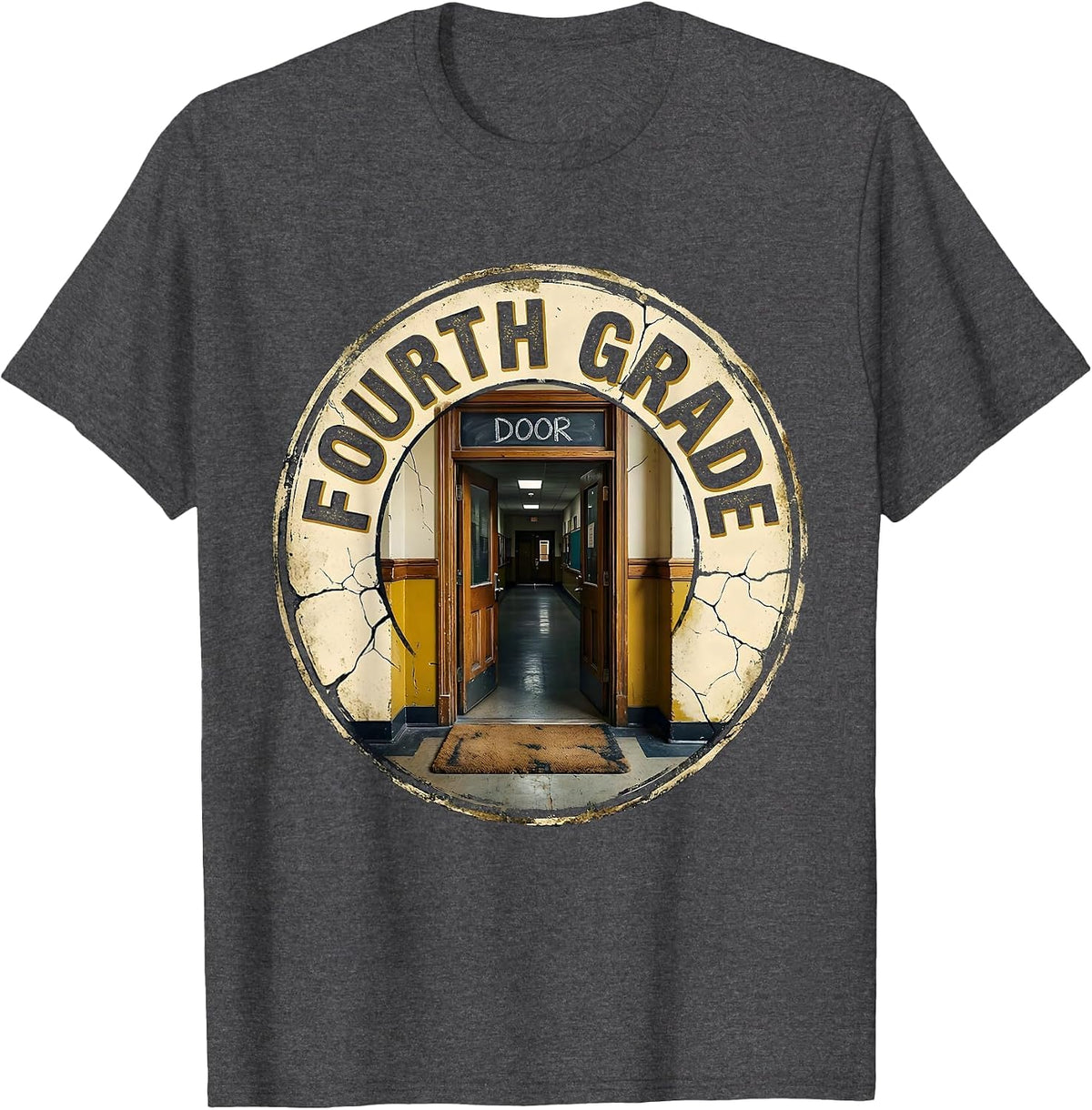 Men's Fourth Grade Door Distressed Retro Teacher Back To School T-Shirt - Dark Heather Grey