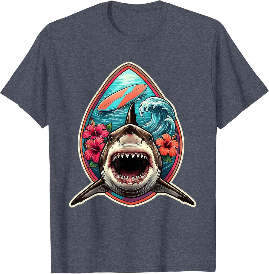 Great White Shark Under Surfboard Hawaii Design T-Shirt - Heather Blue