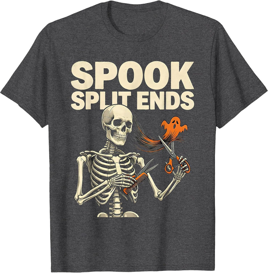 Men's Spook Split Ends Funny Skeleton Hairstylist Halloween Barber T-Shirt - Dark Heather Grey