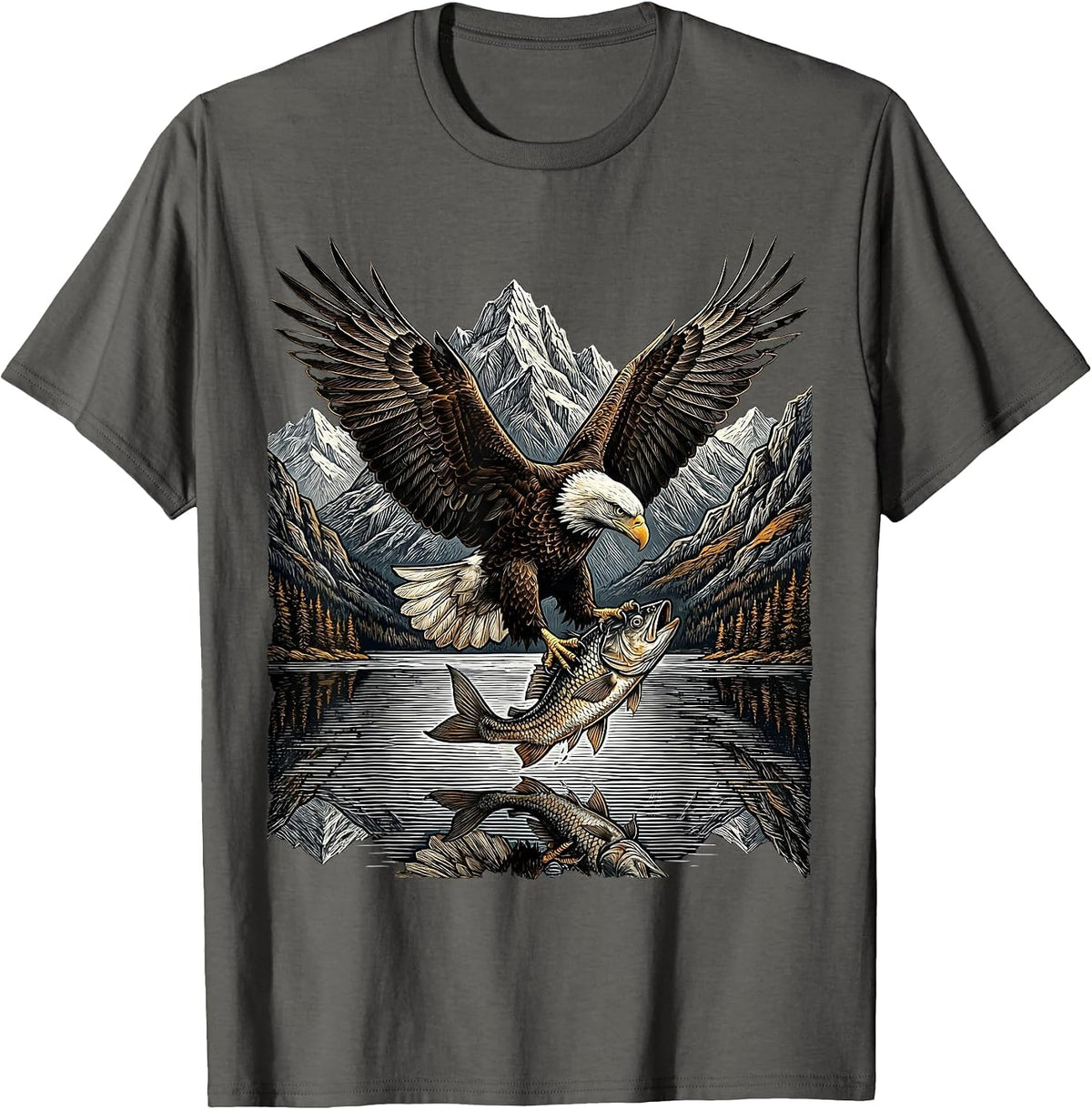 Eagle Clutching Fish Over Mountain Lake T-Shirt - Asphalt Grey