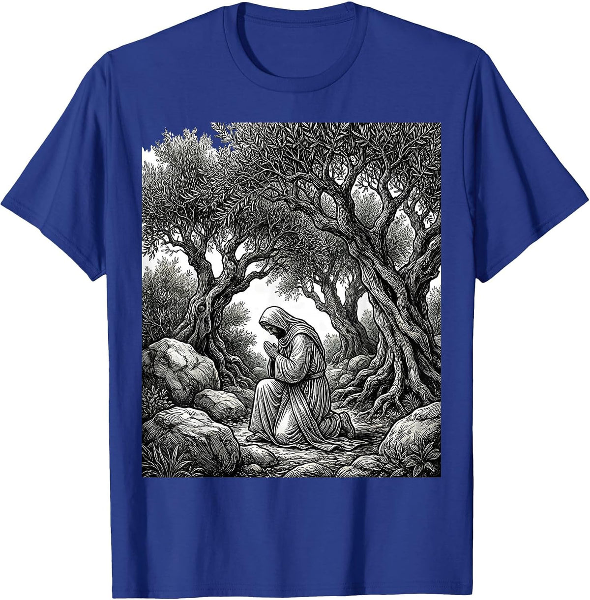 Jesus Kneeling in Gethsemane Garden Illustration T-Shirt - Royal Blue