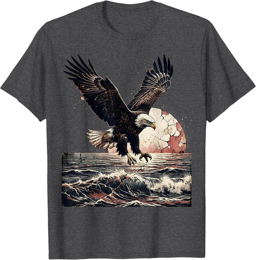 Men's Eagle Diving at Sunset Red White and Blue T-Shirt - Dark Heather Grey