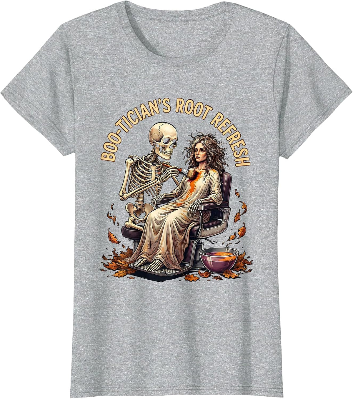 Women's Boo-tician's Root Refresh Funny Skeleton Hairdresser T-Shirt - Heather Grey