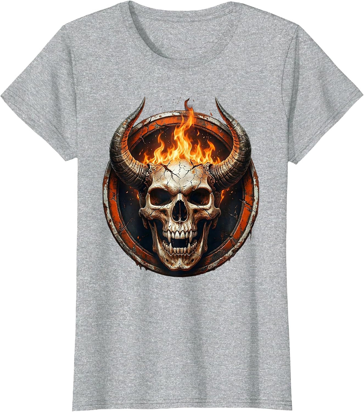 Women's Horned Demon Skull Fire Breathing Dark Art Design T-Shirt - Heather Grey