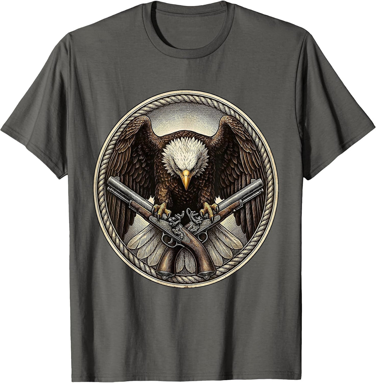 Men's Eagle Clutching Crossed Pistols Patriotic Design T-Shirt - Asphalt Grey