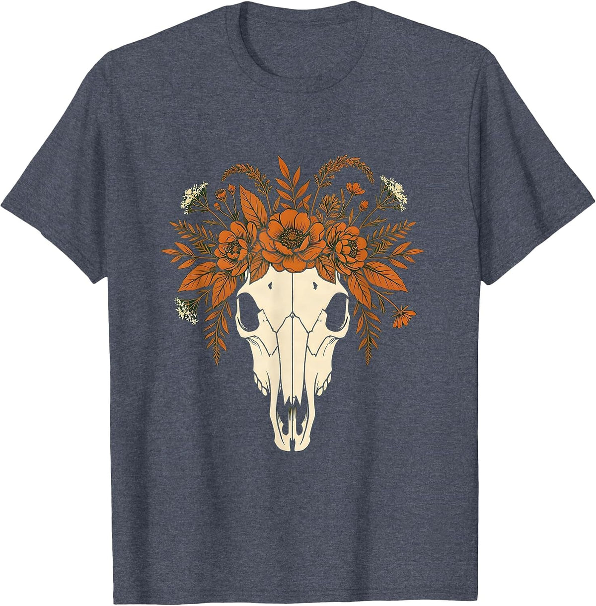 Horse Skull Flower Crown Boho Gothic Art T-Shirt - Heather Blue