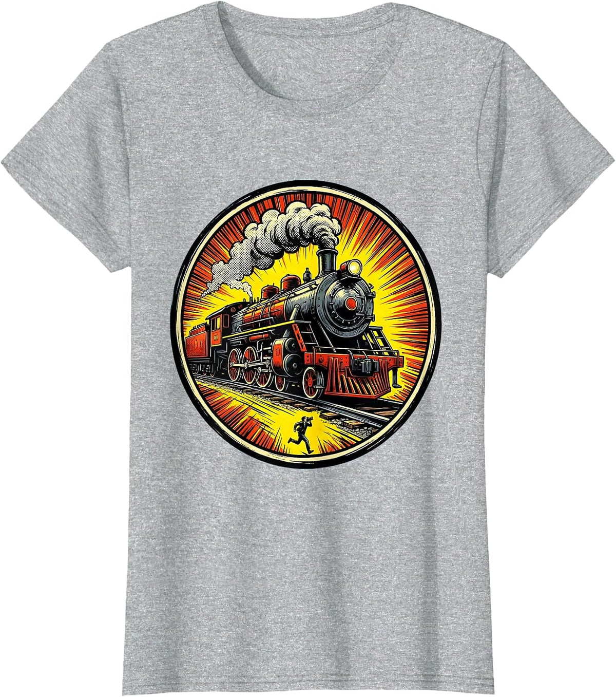 Steam Locomotive Comic Book Train Enthusiast Retro T-Shirt - Heather Grey