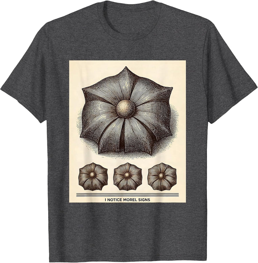 Men's I Notice Morel Signs Crosshatch Etching Funny Mushroom T-Shirt - Dark Heather Grey