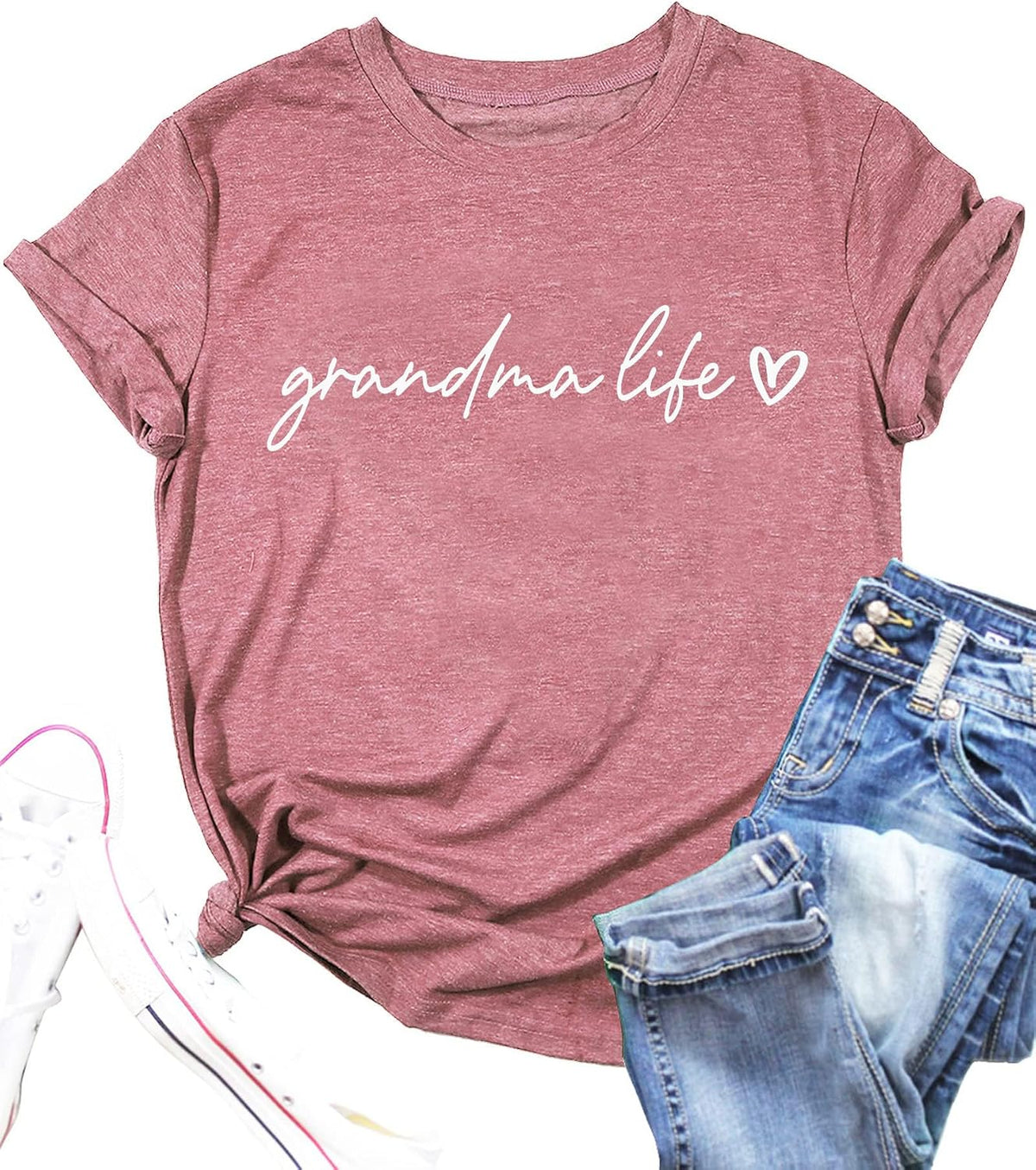 Women Grandma Shirts Funny Grandma Life Heart Printed T-Shirt Grandmother Casual Tee Top - Pink