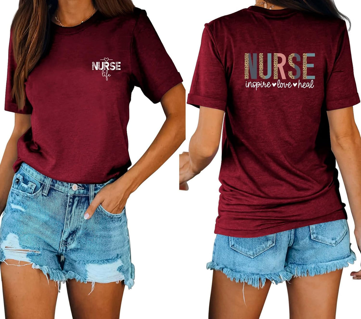 (1PC Printed Front and Back) Nurse Life Shirt Womens Funny Letter Printed Tee School Nursing Short Sleeve - Wine Red