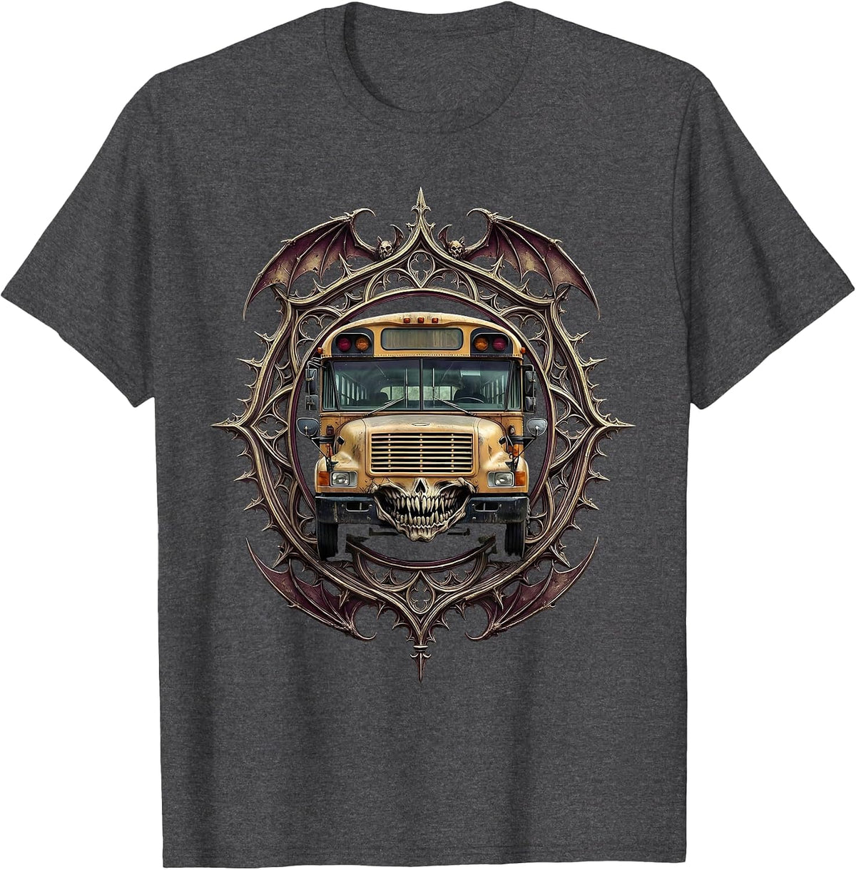 Men's Halloween Haunted School Bus Glowing Windows T-Shirt - Dark Heather Grey