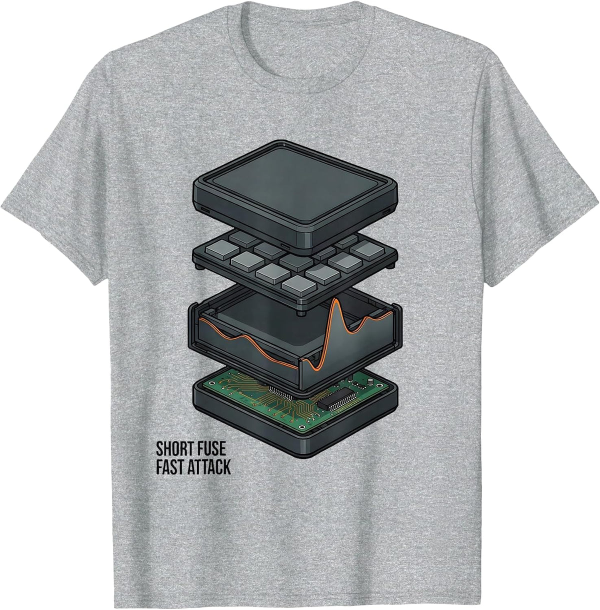 Men's Short Fuse, Fast Attack Exploded View Technical DJ Gift T-Shirt - Heather Grey