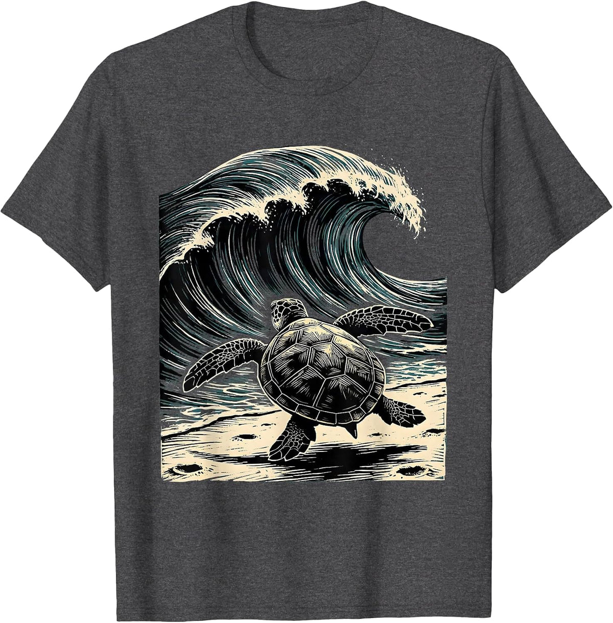 Baby Turtle Racing to the Ocean Waves T-Shirt - Dark Heather Grey