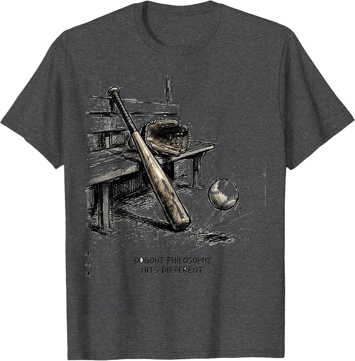 Dugout Philosophy Hits Different Baseball Design T-Shirt - Dark Heather Grey
