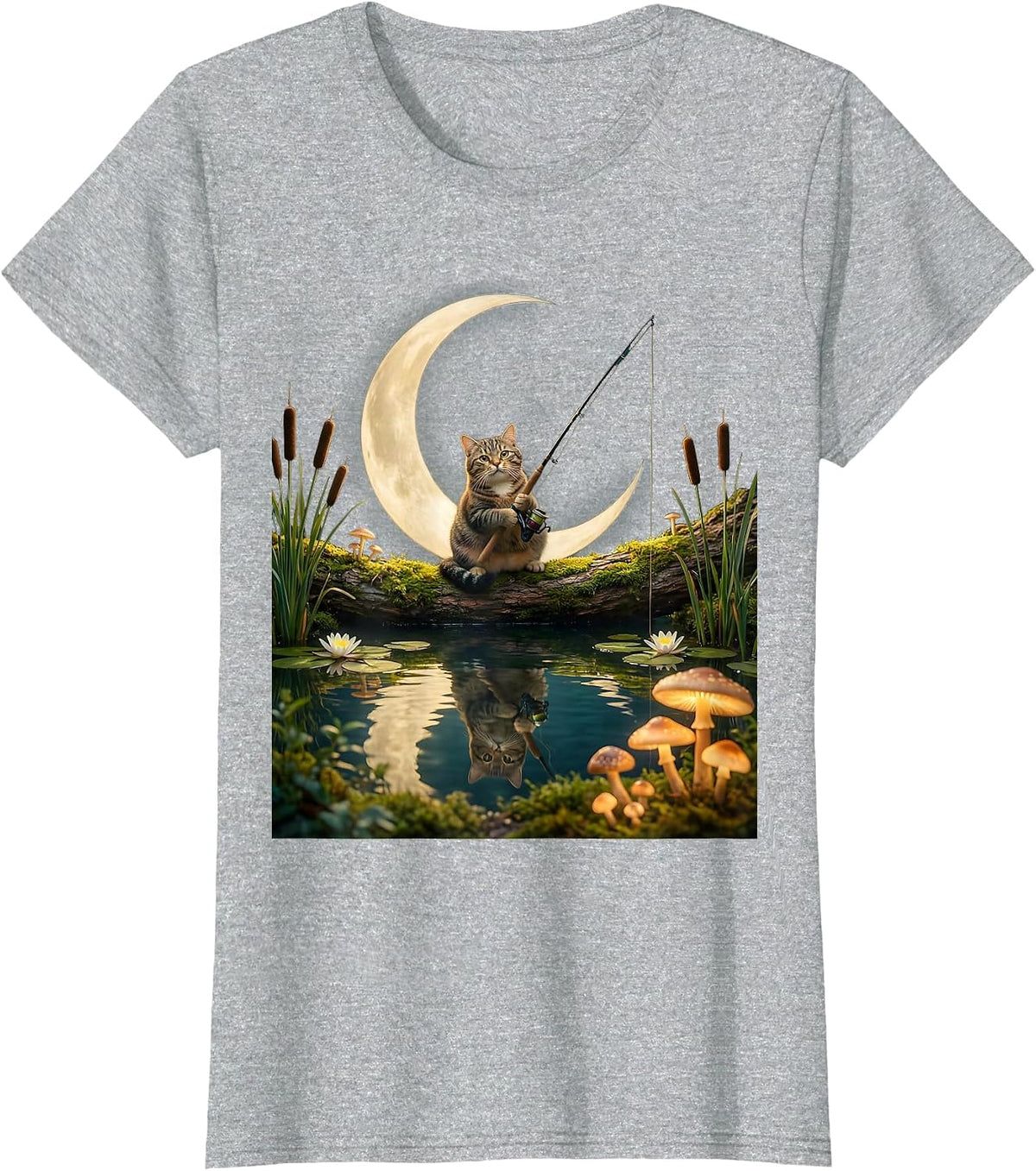 Tabby Cat Fishing at Moonlit Pond T-Shirt - Heather Grey