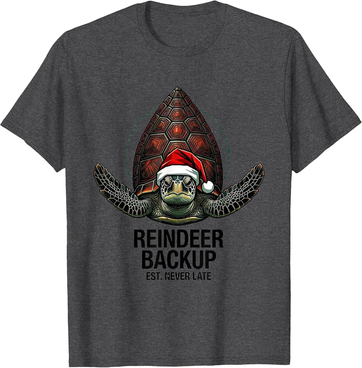 Men's Reindeer Backup Est Never Late Geometric Sea Turtle Santa T-Shirt - Dark Heather Grey