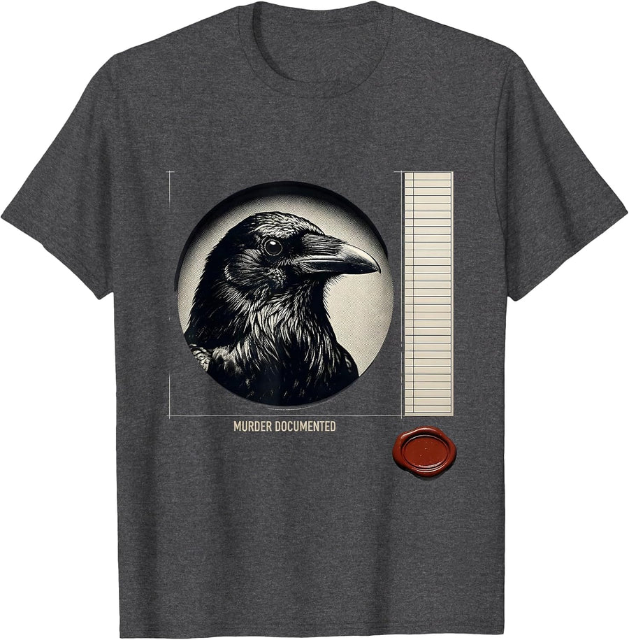 Men's Murder Documented Gothic Raven Crow Humor Literary Pun T-Shirt - Dark Heather Grey