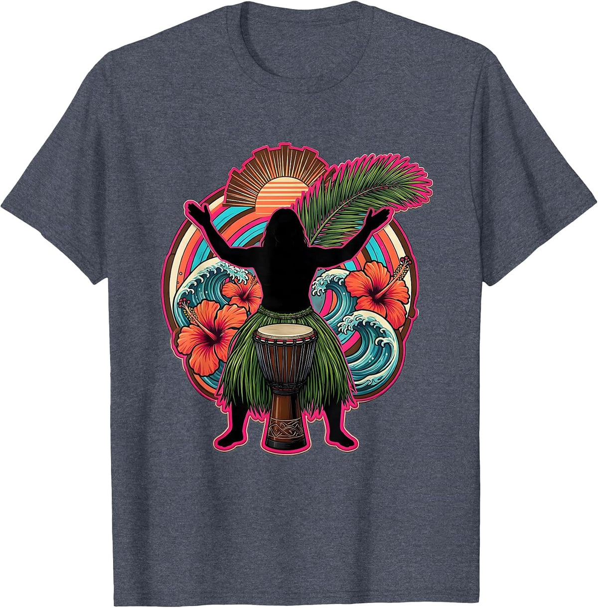 Hawaiian Steel Drum Player Grass Skirt Illustration T-Shirt - Heather Blue