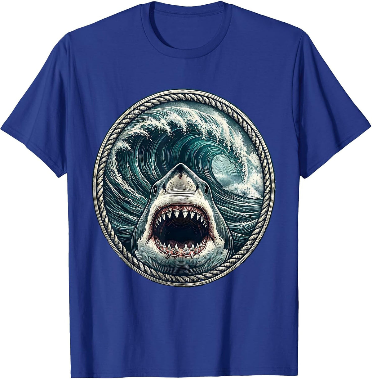 Men's Great White Shark Crashing Wave Hawaiian Graphic T-Shirt - Royal Blue