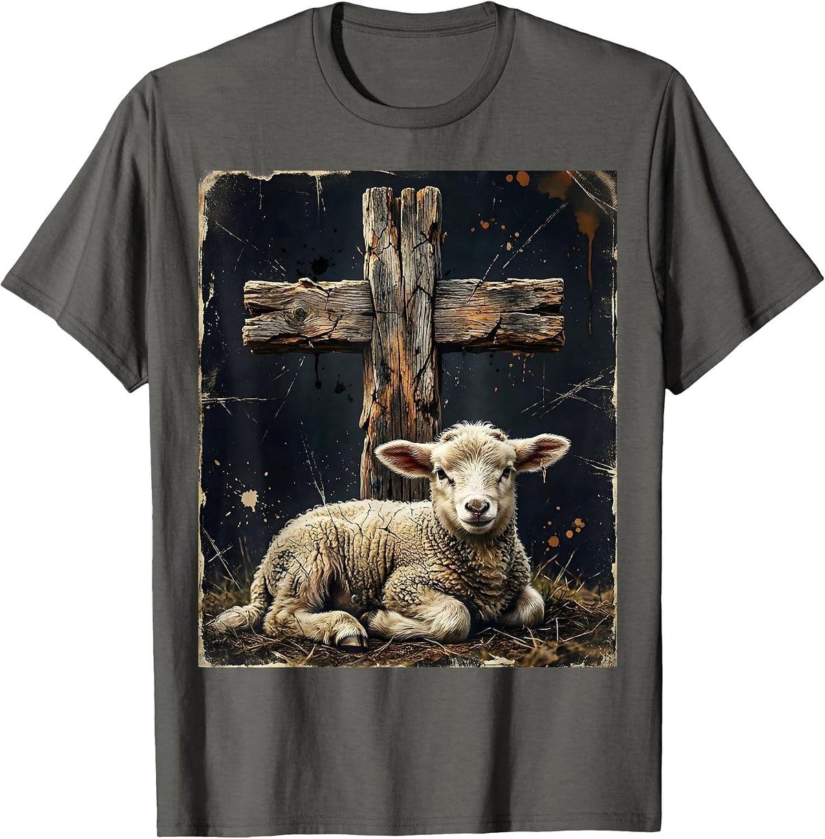 Lamb Resting Beneath the Cross Christian Design T-Shirt - Asphalt Grey
