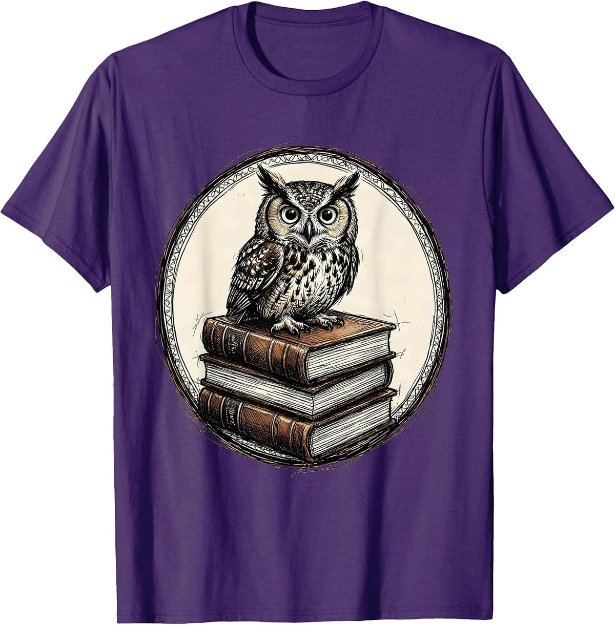 Men's Owl Perched on Stacked Leather Books Illustration T-Shirt - Purple