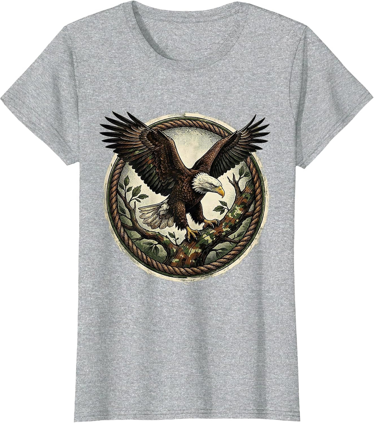 Eagle Landing on Camo Branch Wildlife Design T-Shirt - Heather Grey
