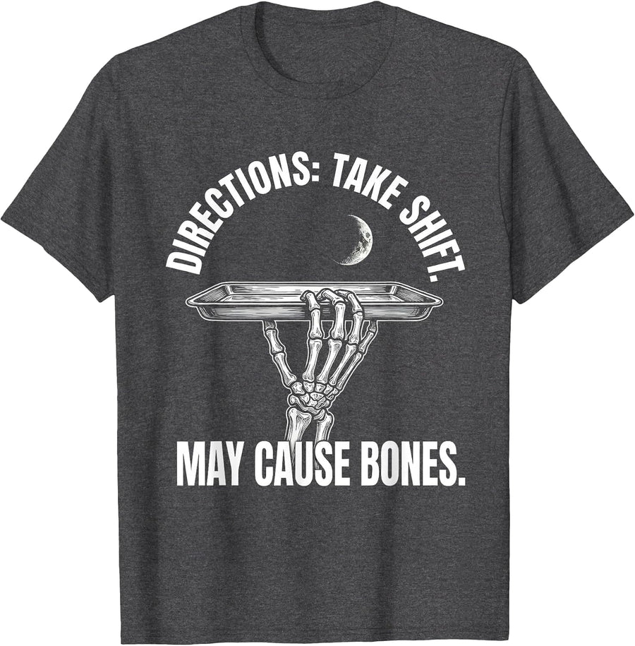Men's Directions: Take Shift. May Cause Bones Halloween Pharmacy T-Shirt - Dark Heather Grey