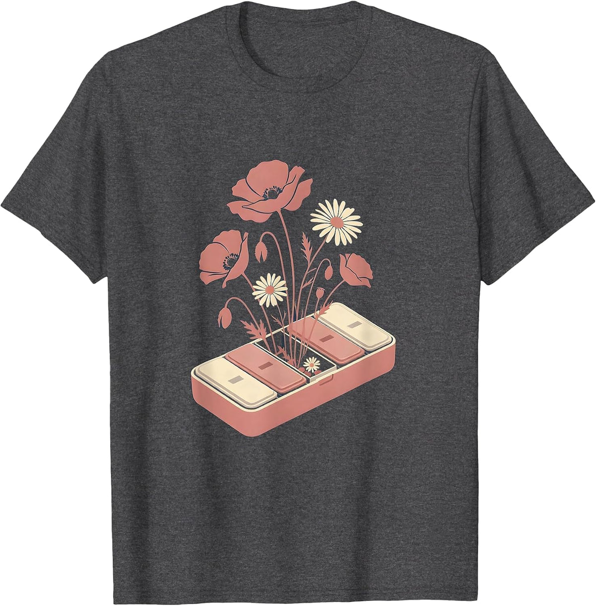 Wildflower Pill Organizer Floral Illustration T-Shirt - Dark Heather Grey